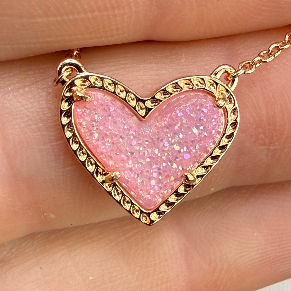 Kendra Scott Ari Heart Pendant Pink Drusy Rose Gold Tone  Necklace - Picture 3 of 8